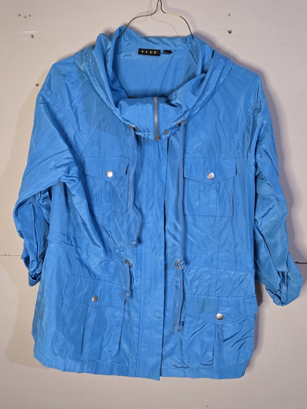 ELCC Women's Blue Solid Hooded Full Zip Short Jacket 3/4 Sleeve L